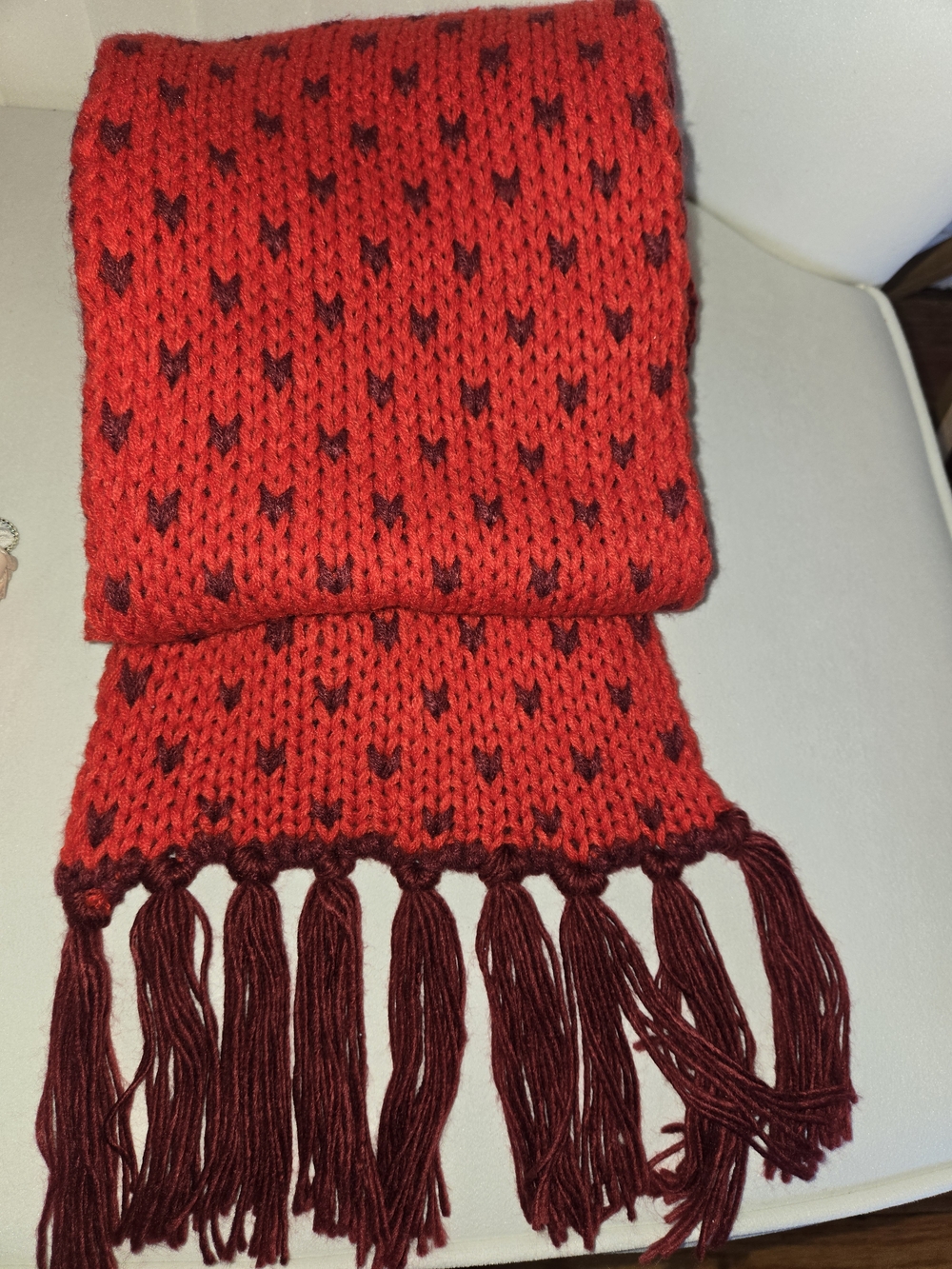 Red Knit Fringe Scarf with Burgundy Accent - Women's Winter Accessory